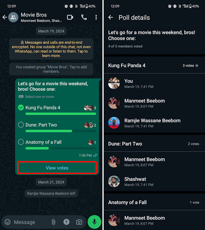 View votes on a WhatsApp Poll on the mobile app