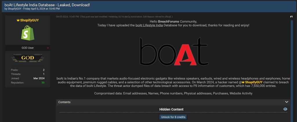 boAt 7.5 million customers data leaked
