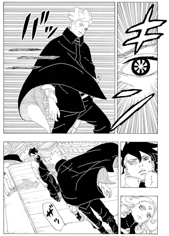 Boruto meets Kawaki and Delta in Konoha Village in Boruto: Two Blue Vortex manga.