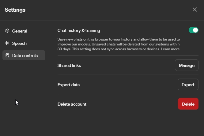 chat history and training setting chatgpt