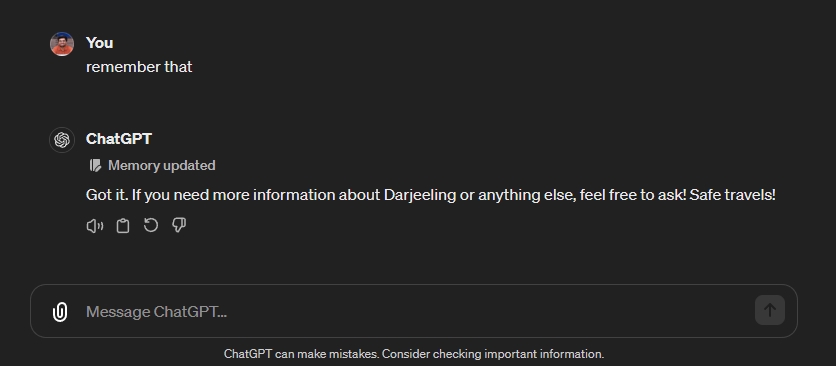 chatgpt memory feature in action
