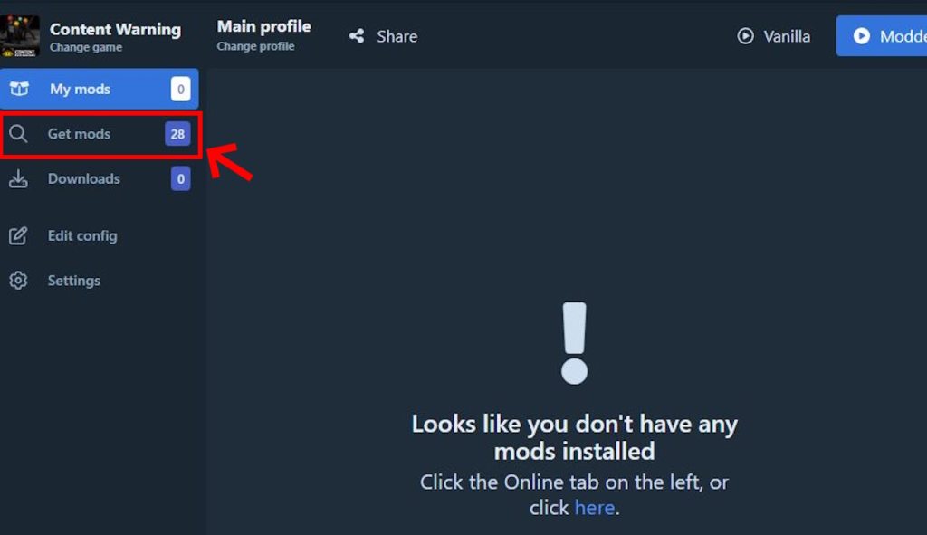 click on get mods to start downloading content warning mods