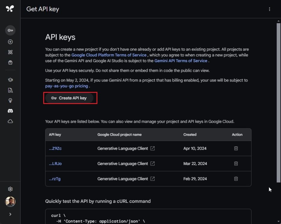 create api key for gemini 1.5 pro model
