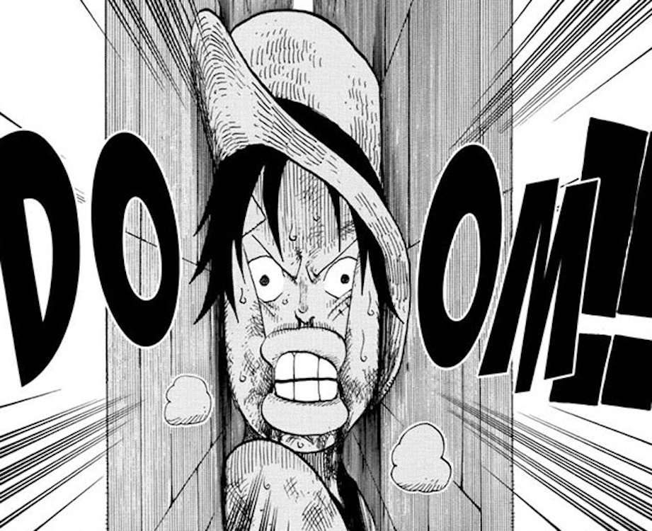 Luffy getting stuck in a wall in One Piece manga