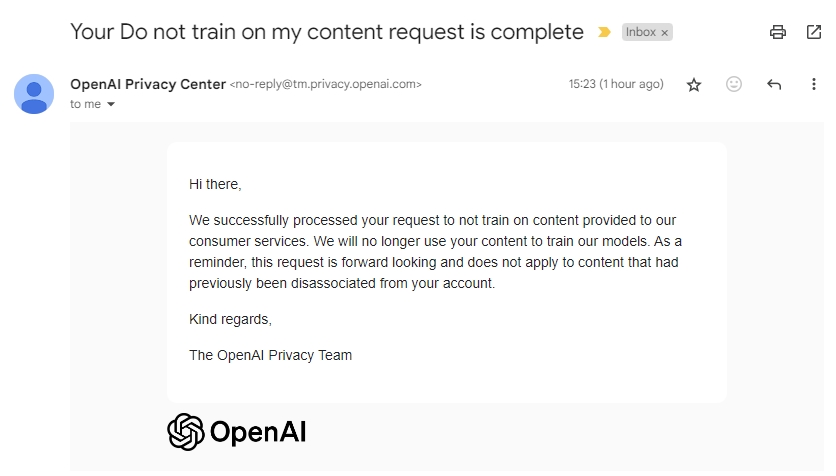 email received by openai regarding not training data on my content