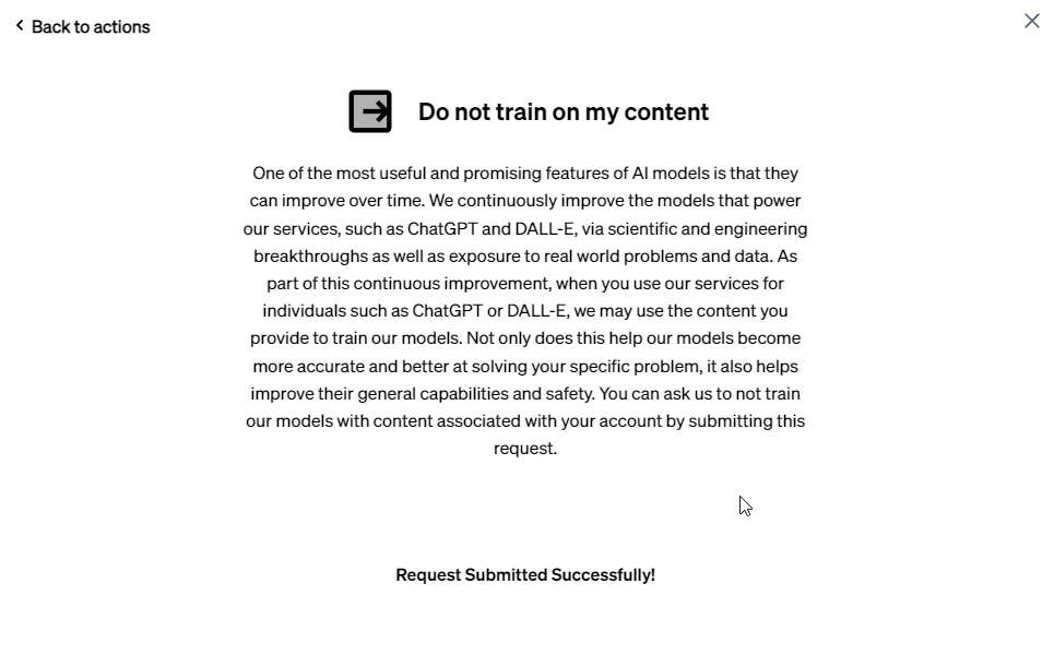 filed request on openai privacy portal to not train on my content
