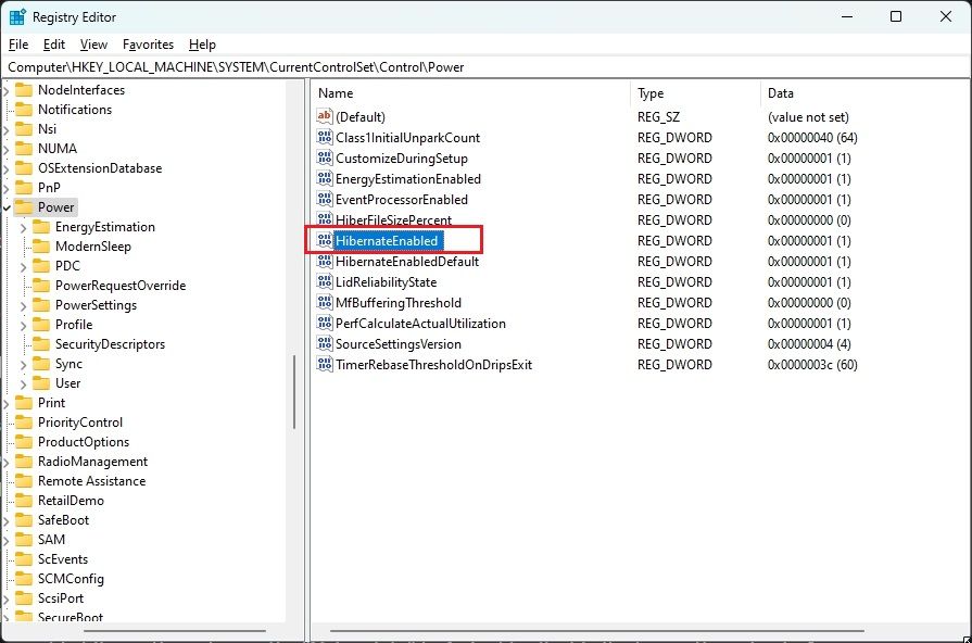 hibernate key windows 11 registry