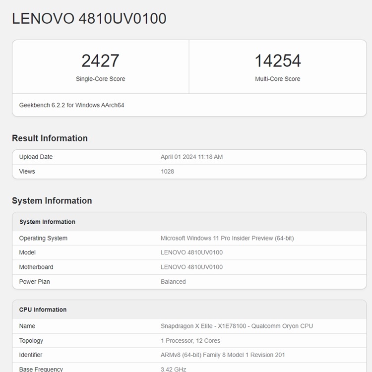 lenovo snapdragon x elite laptop geekbench