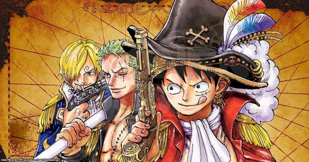 Luffy, Zoro and Sanji in One Piece manga's cover art.