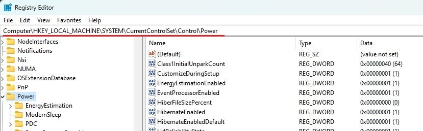 power options key in registry windows 11