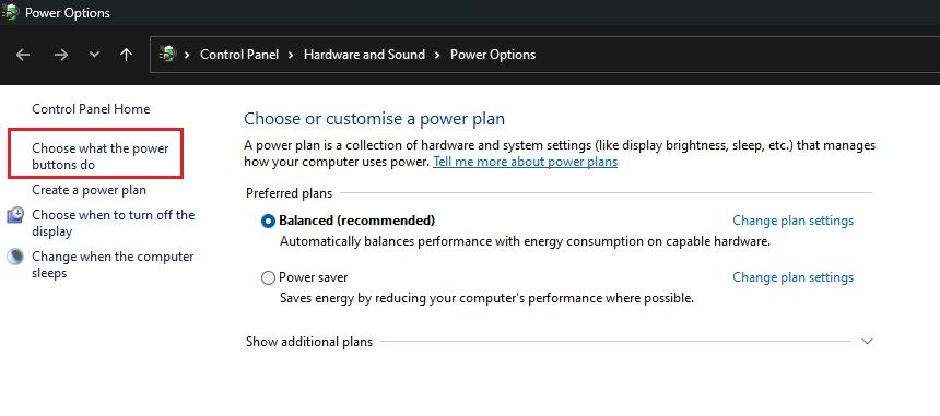 power options setting in control panel