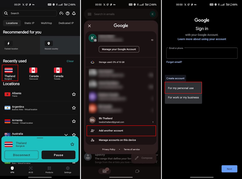 turn on VPN to thailand, then click on add another account in gmail, and then create account for personal use