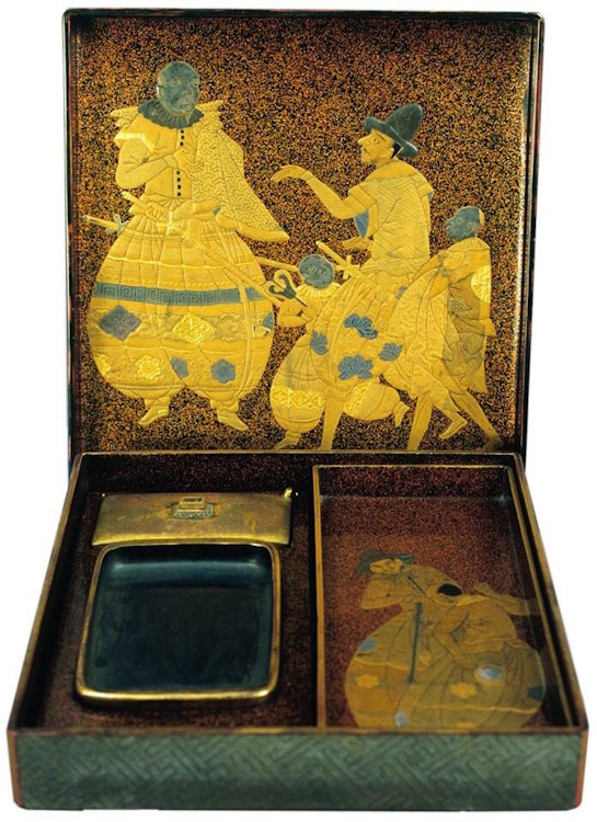 A Rinpa-style Japanese writing box depicts a Black Man wearing Portugese clothing.