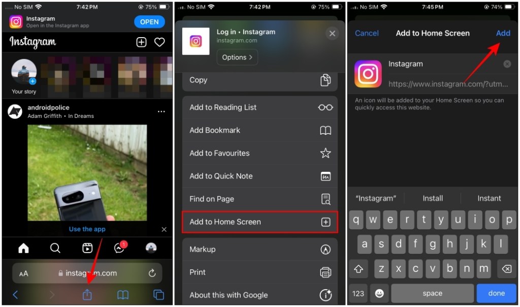 Add Instagram Web App Shortcut iPhone