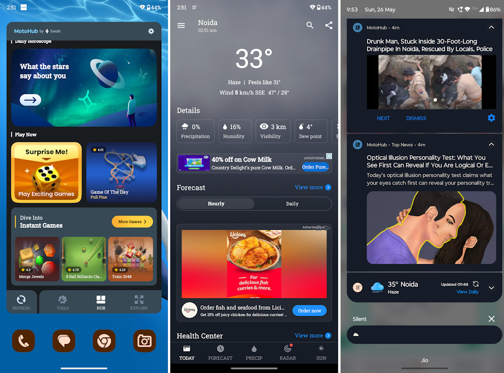 Ads in Hello UI's Moto Hub widget, notifications and weather app