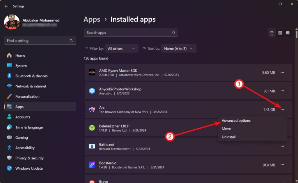 Advanced options - force quit apps on windows