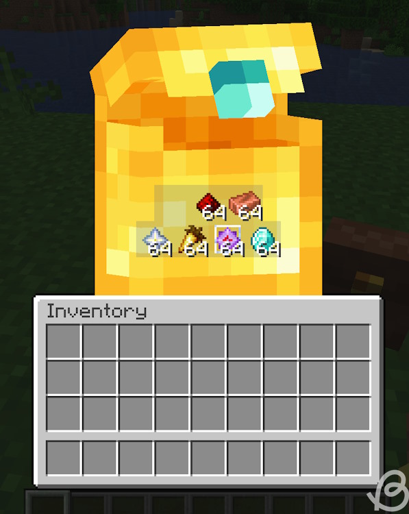 Gold backpack inventory from the Beans Backpacks mod in Minecraft