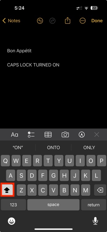 Caps lock enabled in iPhone's keyboard
