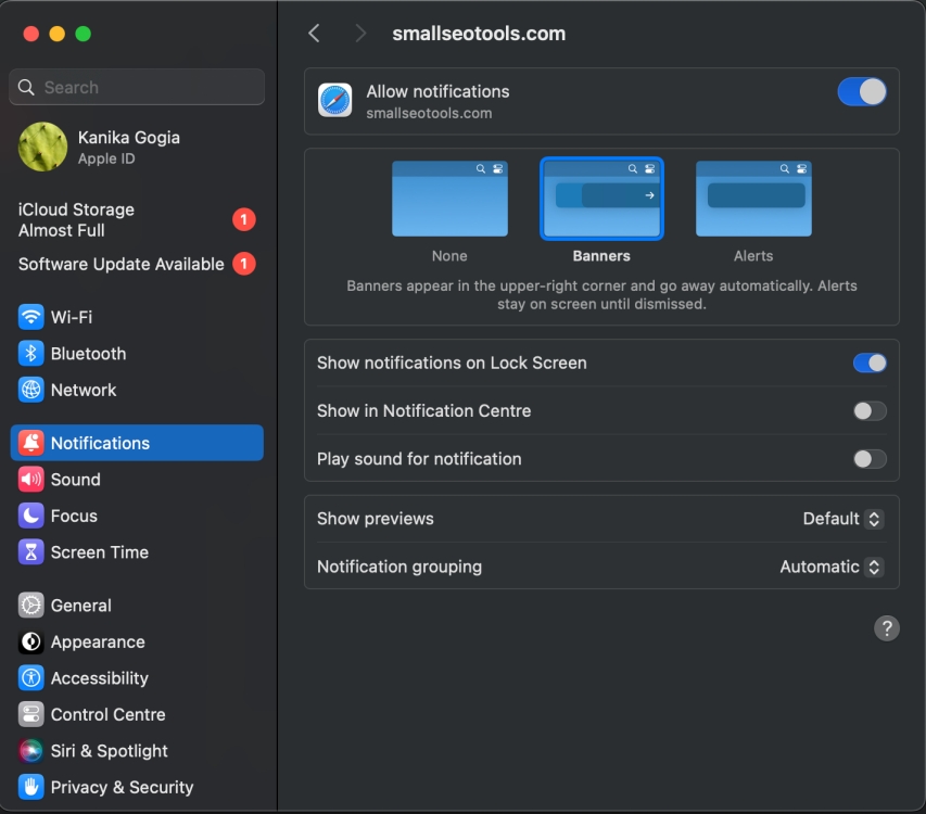 Change notification settings for a website