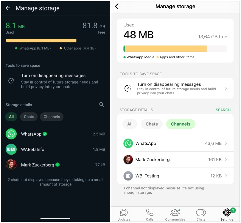 WhatsApp chat filters in Manage Storage section