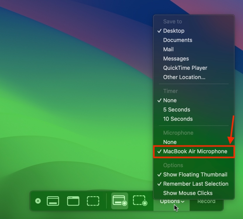 Choose Microphone while recording screen on Mac