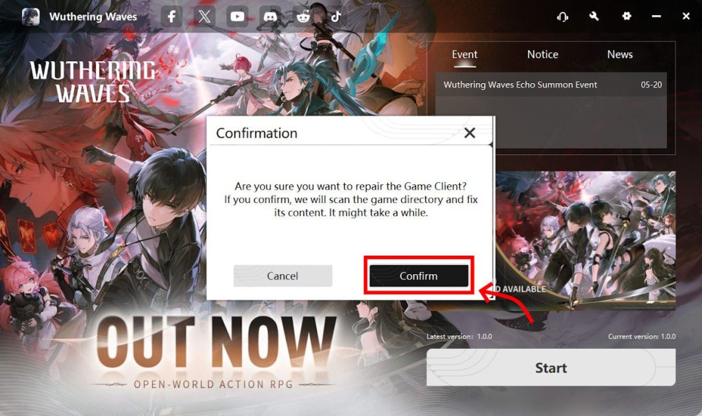 Click confirm to verify the game files of Wuthering Waves and fix the fatal error crashes