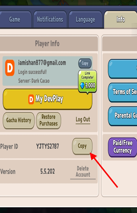 Copy Player ID for code redemption in Cookie Run Kingdom