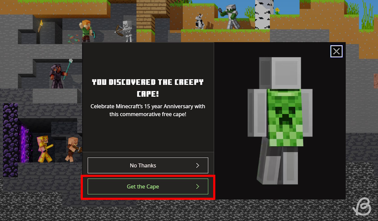 Click on the Get the Cape button to reach the creeper cape section