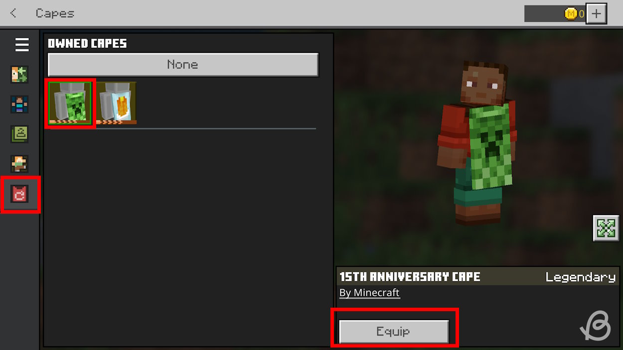 Edit your character, select the Capes section, click on the creeper cape and Equip button