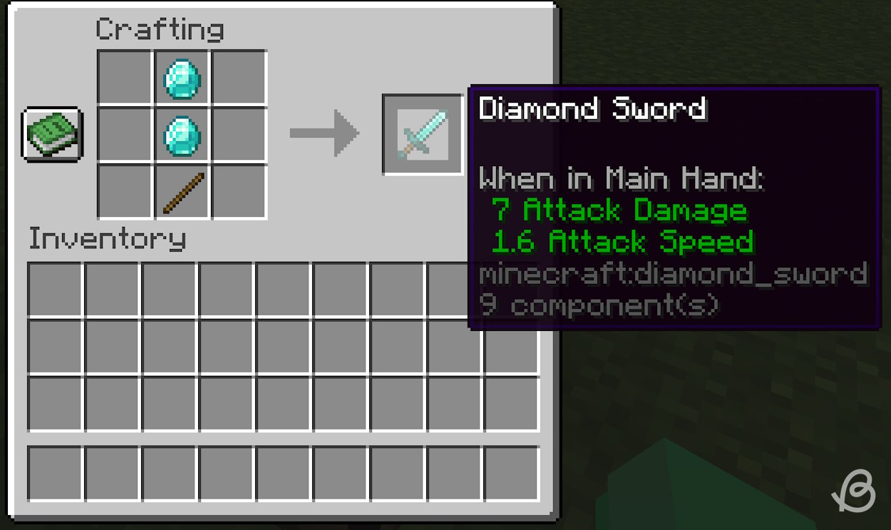 Crafting recipe for the diamond sword in Minecraft