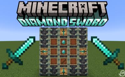 Diamonds, stick and diamond swords in item frames in Minecraft, as well as diamond swords on the sides