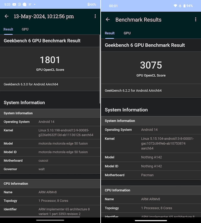 Edge 50 Fusion vs Phone 2a Geekbench GPU OpenCL