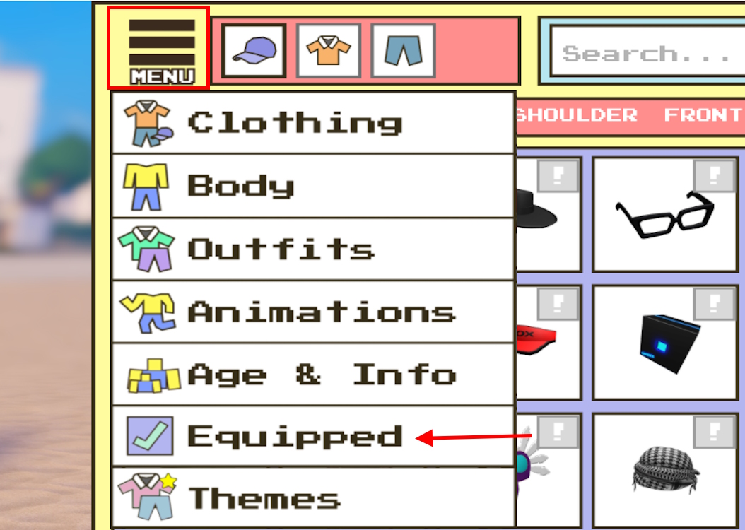 Equipped option in Menu section of Berry Avenue