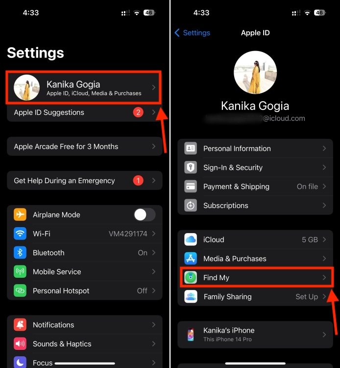Find My in Apple Settings on iPhone