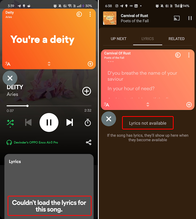 Lyrics not loading on Spotify and YT Music