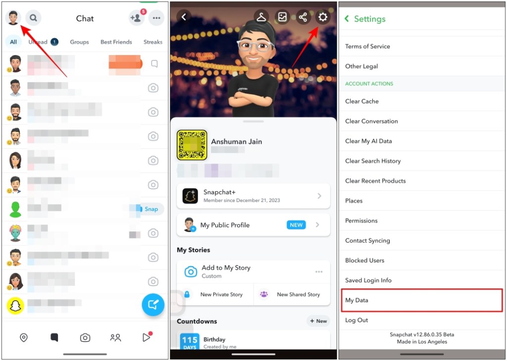Open My Data settings in Snapchat