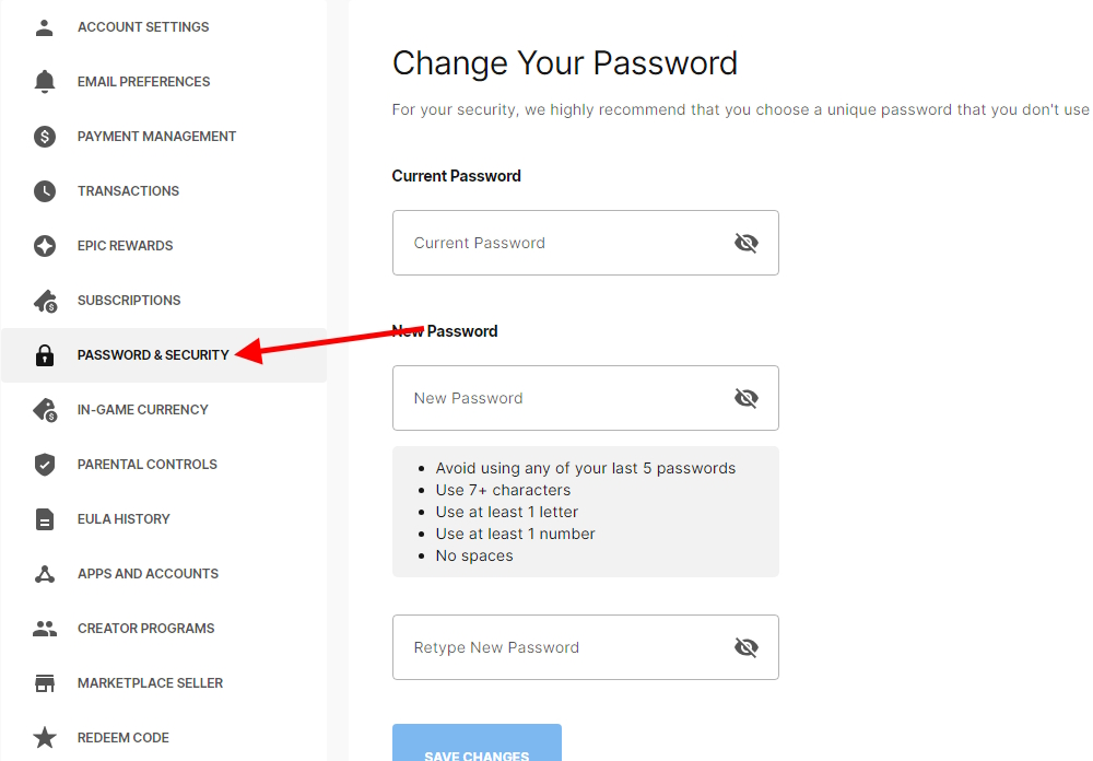 Password and Security option in Epic Games