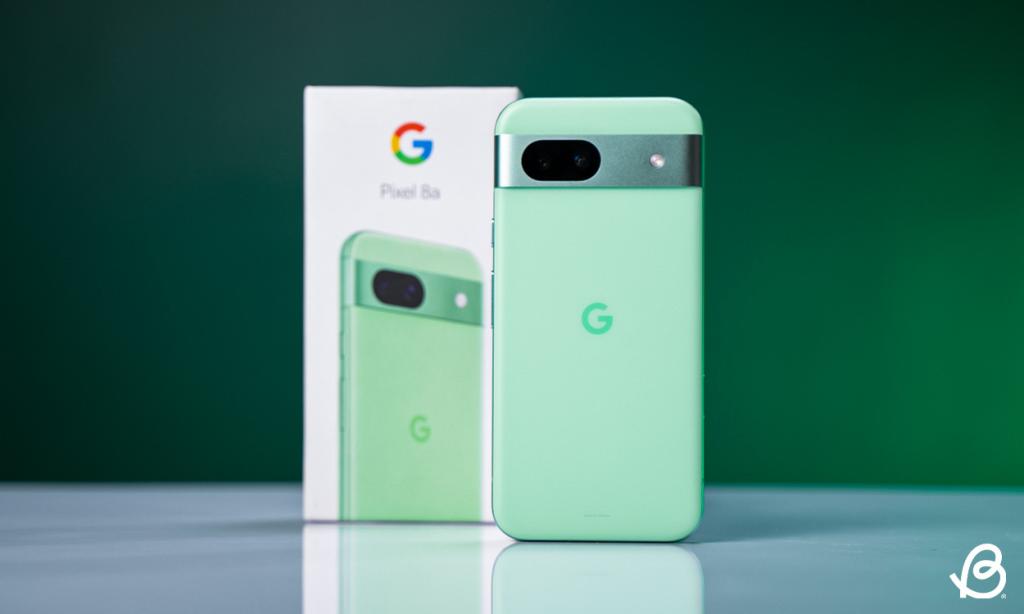 An image of the Pixel 8a with its official box packaging