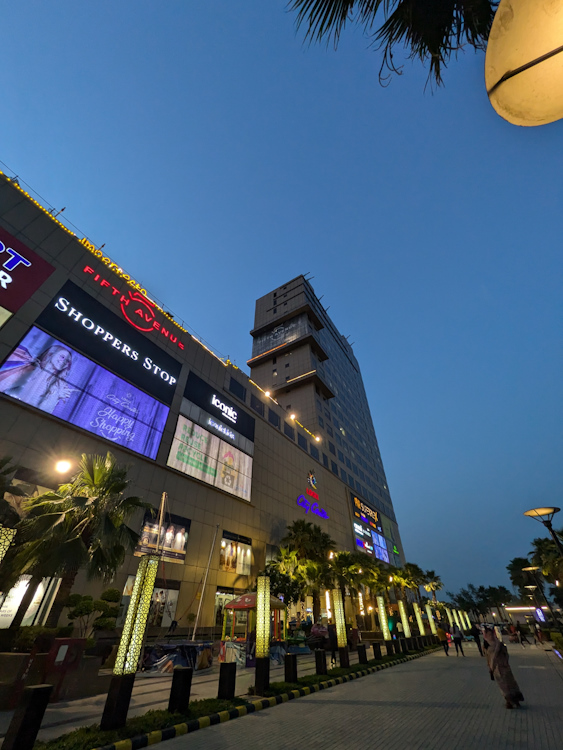 Pixel 8a ultrawide angle night shot of a mall