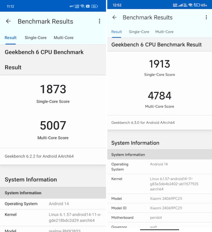 Realme GT 6T vs POCO F6 Geekbench CPU