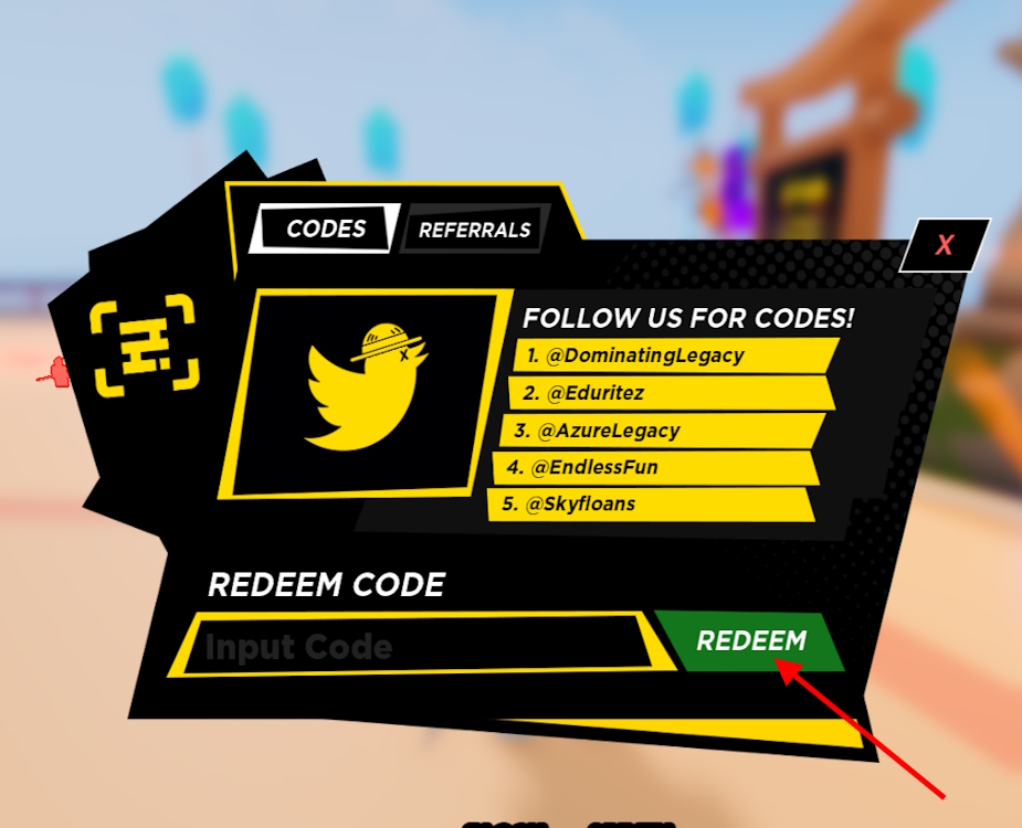 Redeem code button in Anime Ball