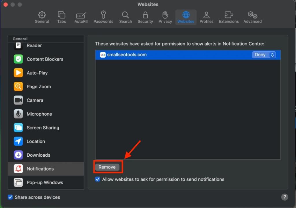 Remove a website from Notifications settings list