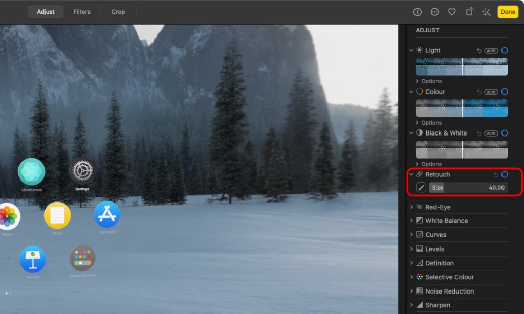 Retouch panel on Mac Photos app