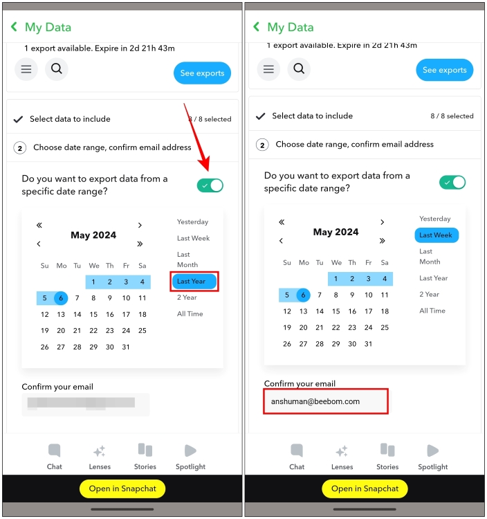 Select date range and then enter email address to receive link to export data