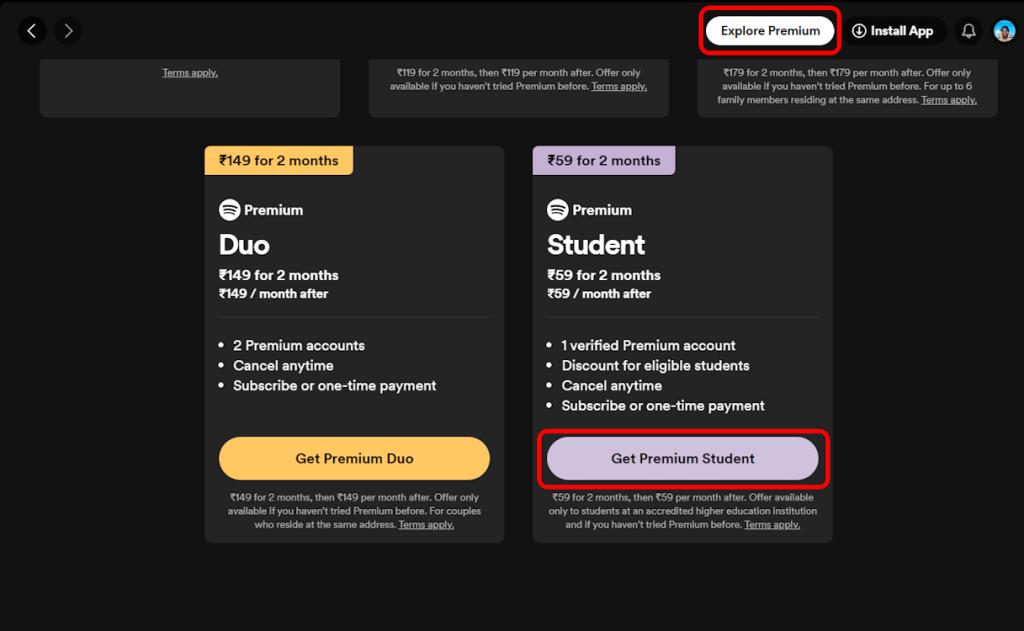 Spotify Explore Premium and Get Premium Student buttons