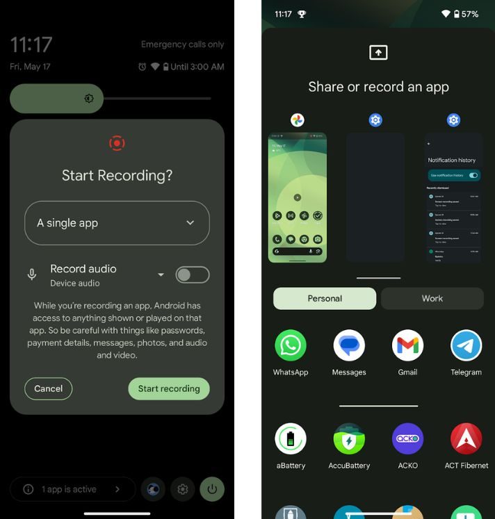 Start recording in single app - android scam protection