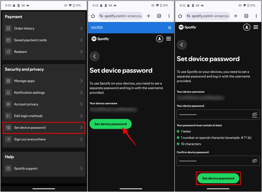 Steps showing how to set Device Password for Spotify