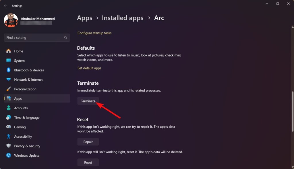 Terminate app - force quit windows