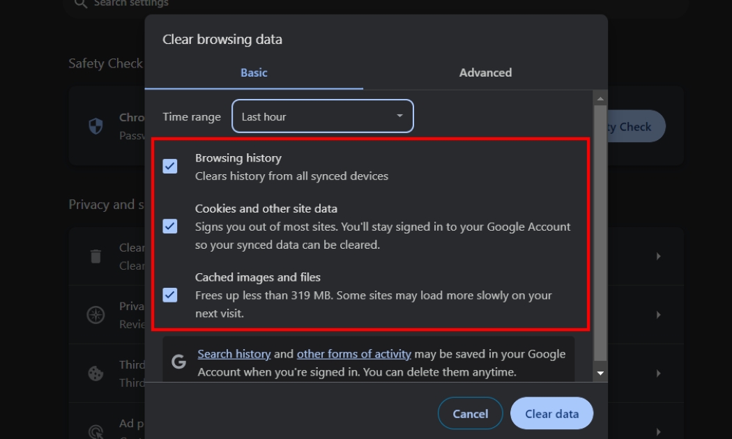 Tick boxes for browsing history, cookies and cache