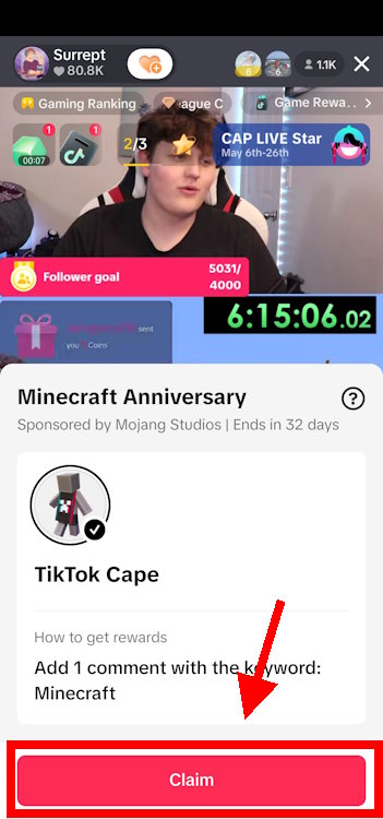 Tap on the icon again and claim the code for the TikTok cape